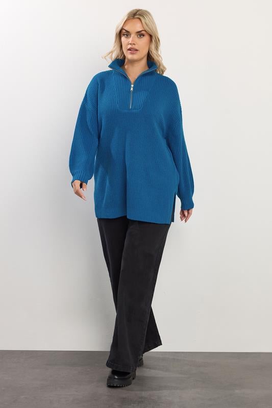YOURS Plus Size Blue Quarter Zip Jumper | Yours Clothing 1