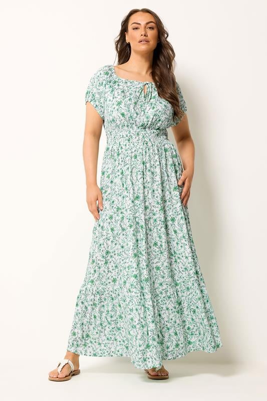 YOURS Plus Size Green Floral Bardot Maxi Dress | Yours Clothing 1
