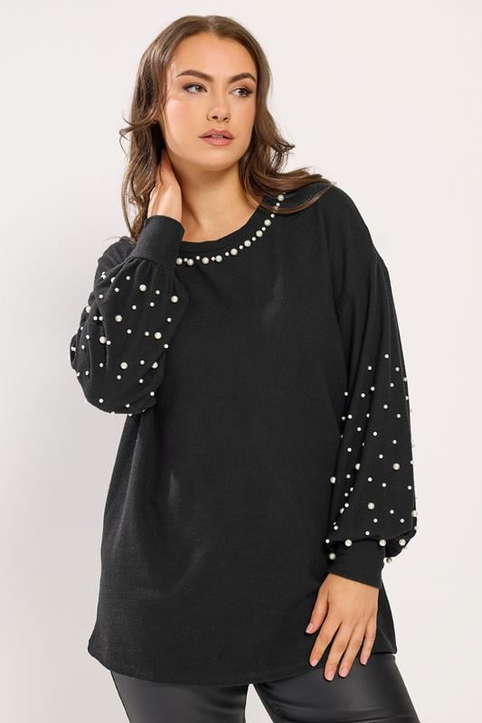 YOURS Plus Size Black Pearl Embellished Jumper | Yours Clothing 1
