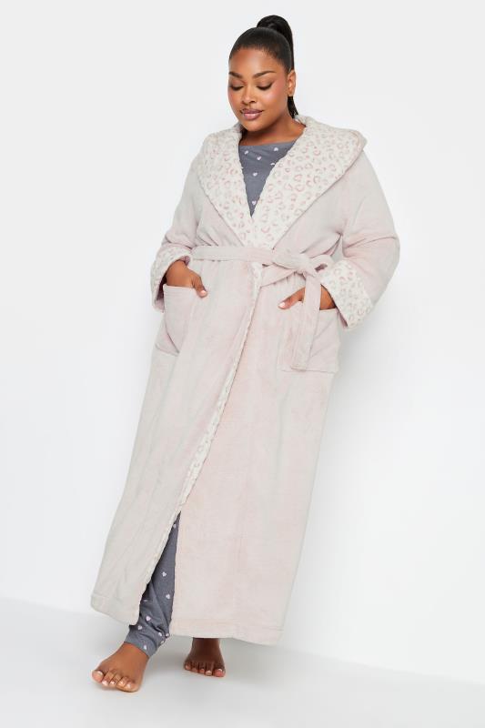 Plus Size  YOURS Curve Light Pink Animal Print Hooded Maxi Dressing Gown