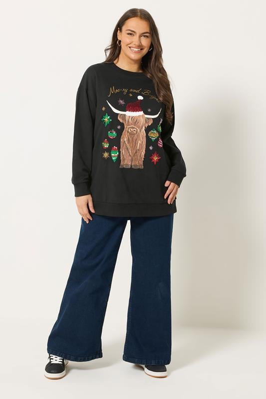 YOURS Plus Size Black Highland Cow Sequin Embellished Novelty Christmas Sweatshirt | Yours Clothing 1
