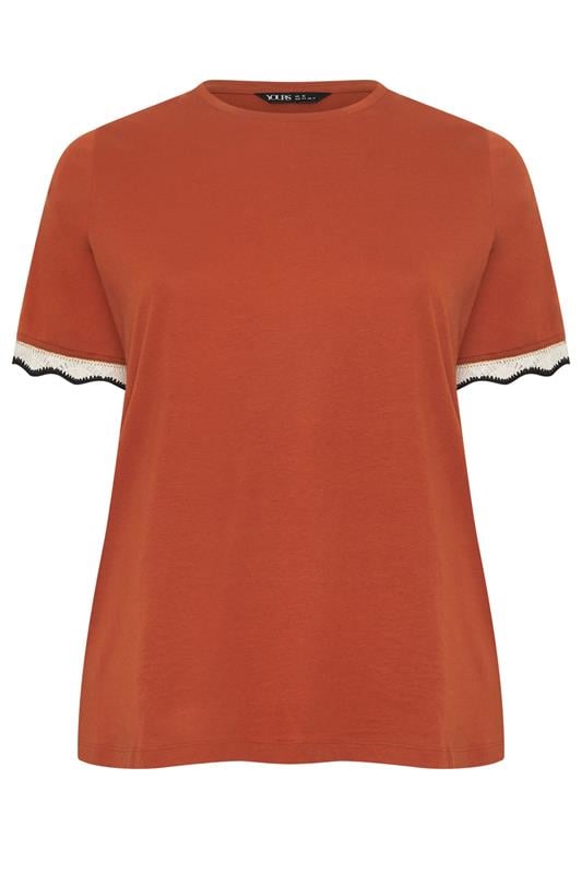 YOURS Plus Size Burnt Orange Metallic Crochet Trim T-Shirt | Yours Clothing 5