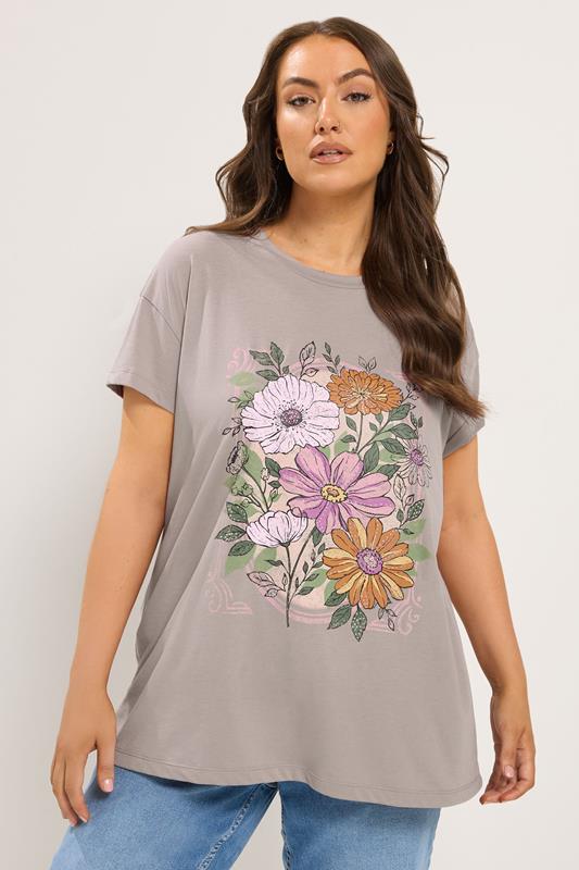 YOURS Plus Size Mocha Brown Floral Stud T-Shirt | Yours Clothing 1