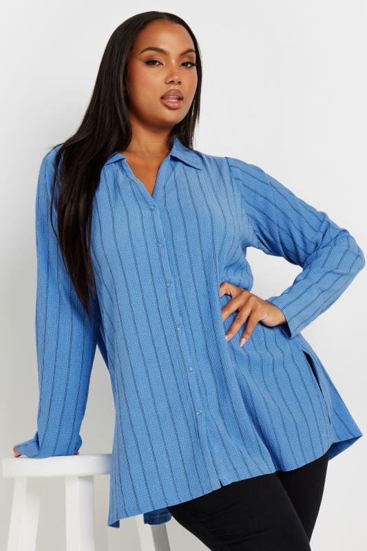 Plus Size  YOURS Curve Blue Textured Pinstripe Shirt