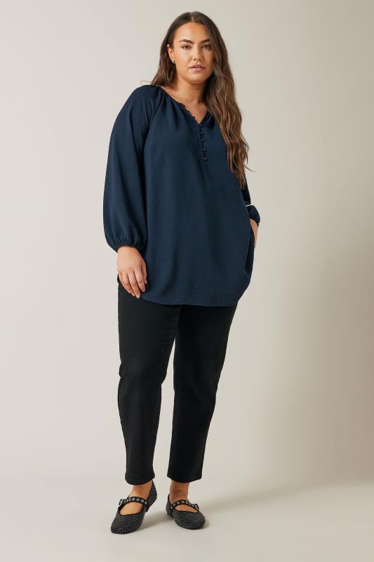 EVANS Plus Size Navy Blue Button Front Long Sleeve Blouse | Evans 2