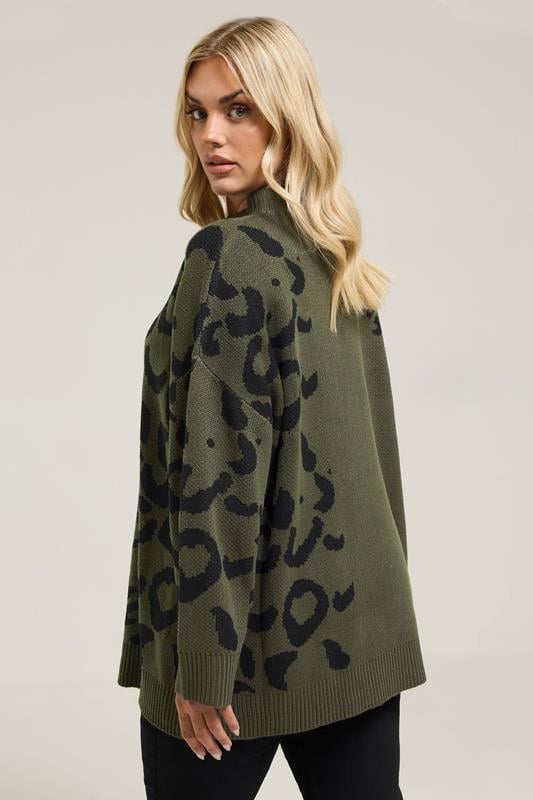 YOURS Plus Size Khaki Green Leopard High Neck Jumper | Yours Clothing 2