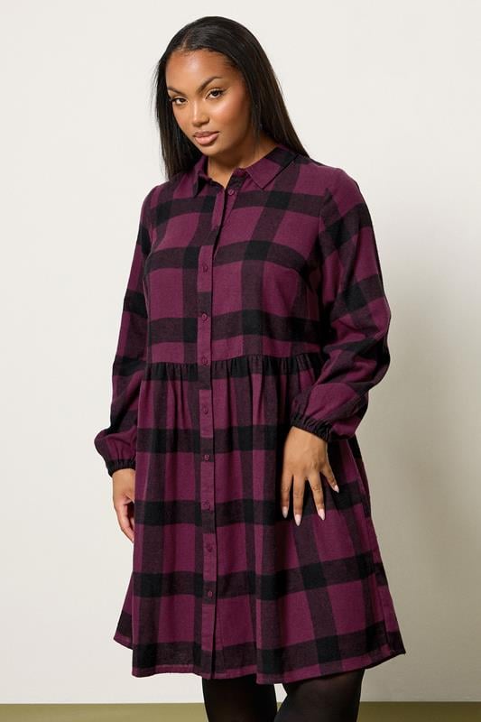 YOURS Plus Size Burgundy Red Check Shirt Dress | Yours Clothing 1