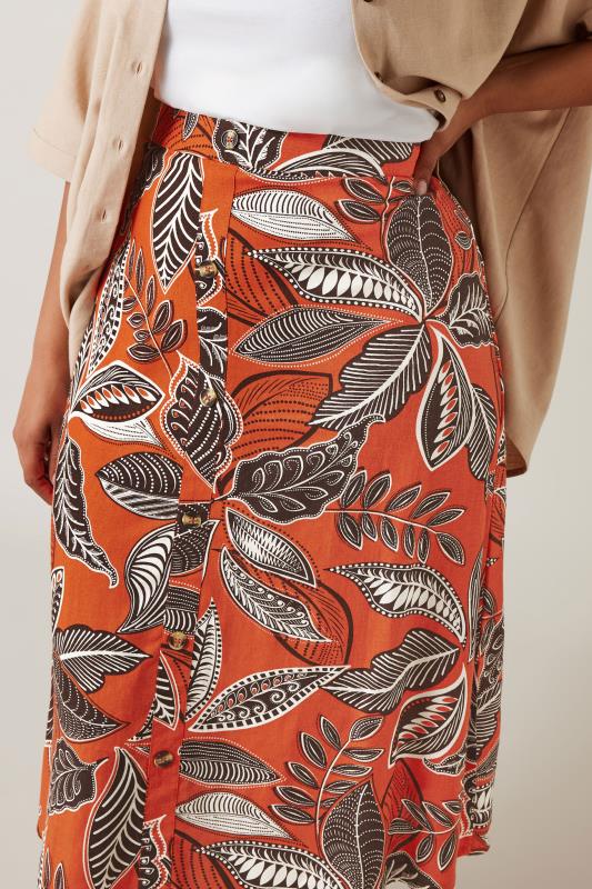 EVANS Plus Size Orange Leaf Print Linen Midi Skirt | Evans 5