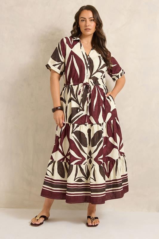  EVANS Curve Cream & Red Abstract Leaf Print Cotton Dress