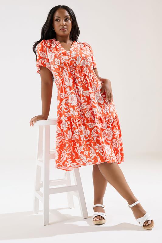 Plus Size  YOURS Curve Orange Floral Tiered Midi Dress
