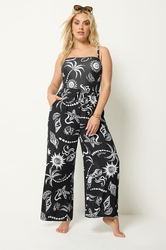  YOURS Curve Black Summer Print Crinkle Beachwear Wide Leg Trousers
