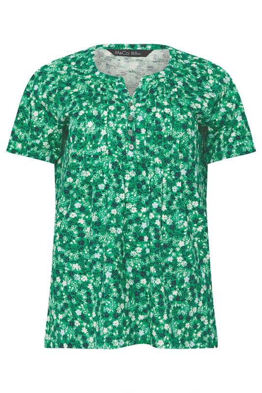 M&Co Green Floral Cotton Short Sleeve Henley Top | M&Co 5