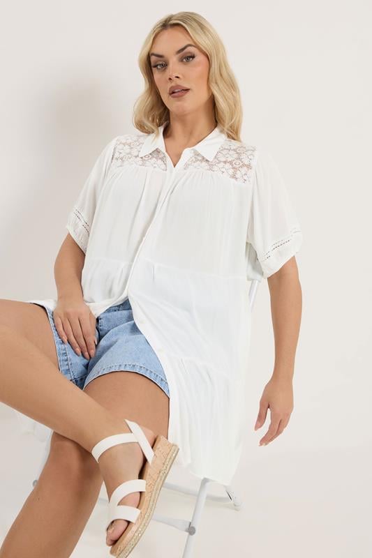 YOURS Plus Size White Tiered Crochet Detailed Shirt | Yours Clothing 1