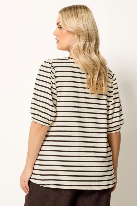 YOURS Plus Size White & Brown Stripe Knitted Puff Sleeve Top | Yours Clothing 2