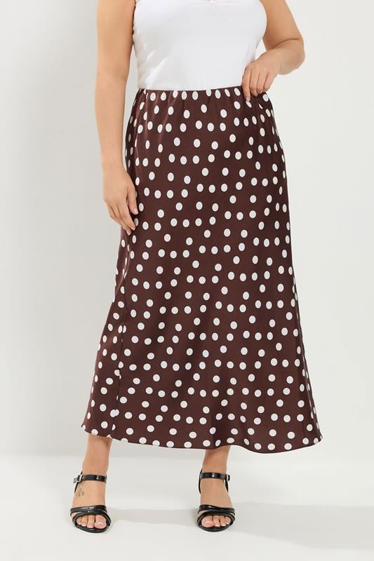  YOURS Curve Chocolate Brown Polka Dot Satin Skirt