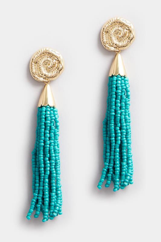 Gold Tone Teal Beaded Tassel Earrings 2