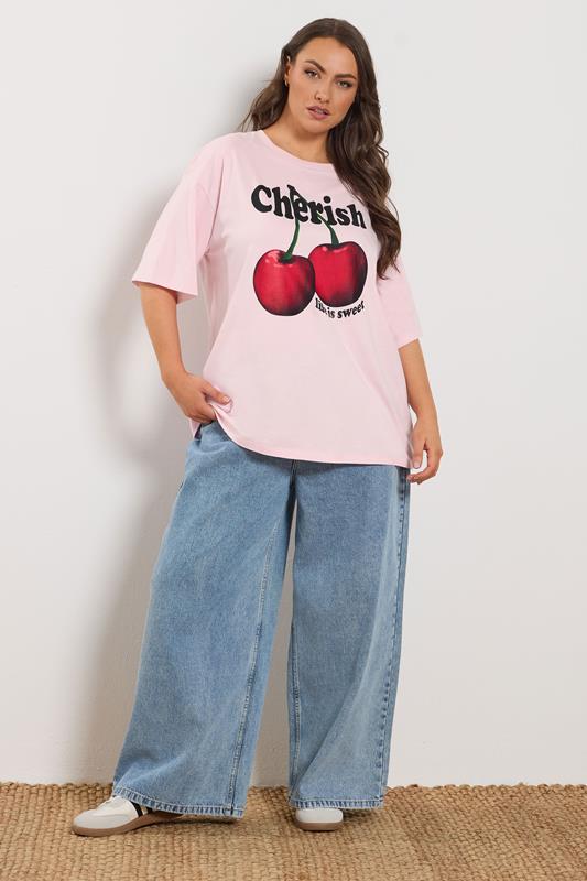 YOURS Plus Size Pink 'Cherish' Cherry Slogan T-Shirt | Yours Clothing 1