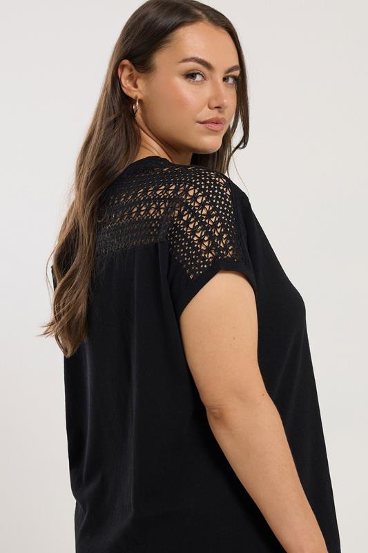 YOURS Plus Size Black Crochet Detail Linen T-Shirt | Yours Clothing 4