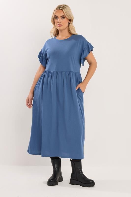 YOURS Curve Blue Frill Sleeve Cotton Maxi Dress
