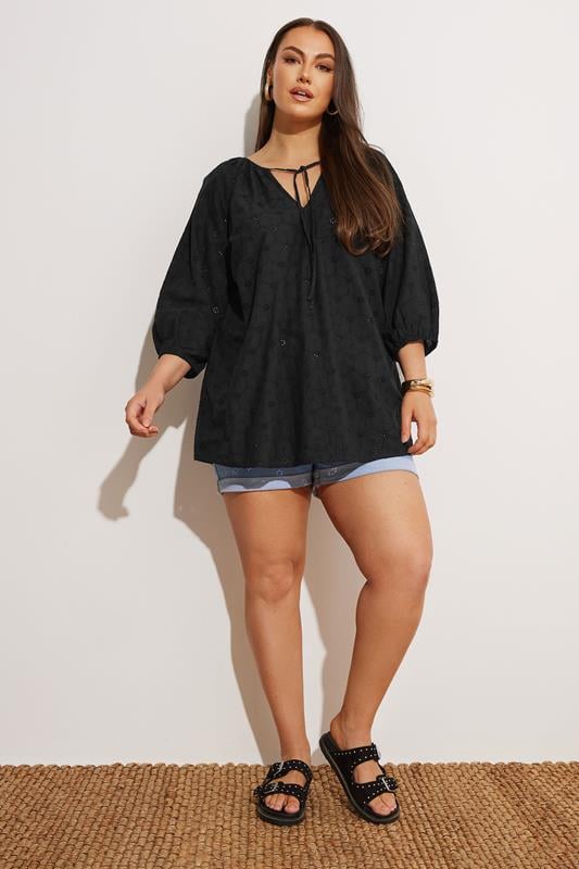 YOURS Plus Size Black Floral Broderie Anglaise Tie Front Top | Yours Clothing 3