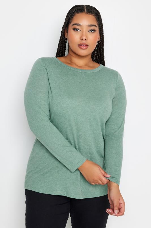 Plus Size  YOURS Curve Green Marl Long Sleeve Top