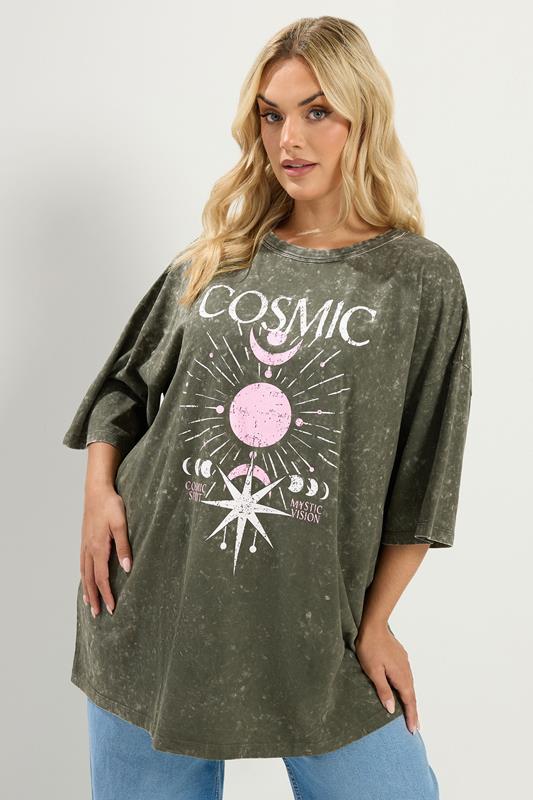 YOURS Plus Size Green Acid Wash 'Cosmic' Oversized T-Shirt | Yours Clothing 1