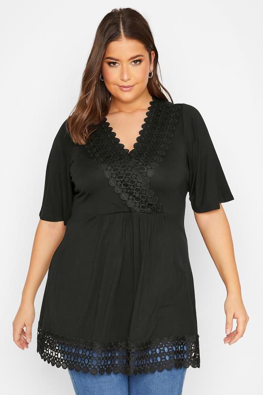 YOURS Plus Size Black Crochet Trim Peplum Tunic Top | Yours Clothing 1