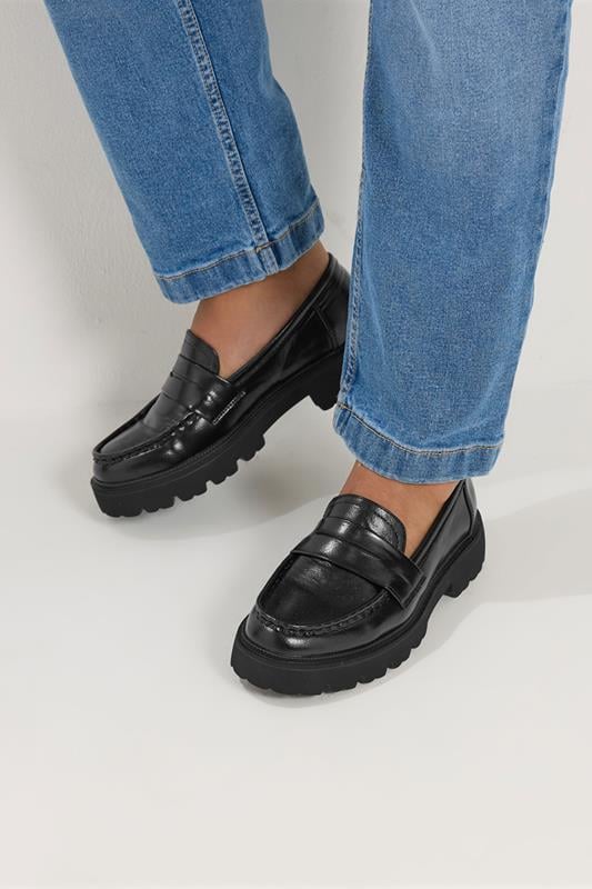  Yours Black Platform Loafers In Wide E Fit