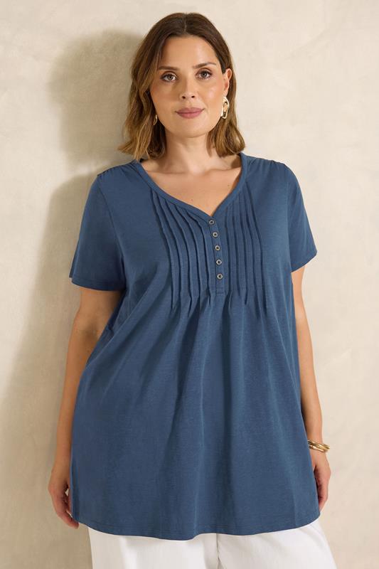  EVANS Curve Navy Blue Short Sleeve Cotton Henley Top