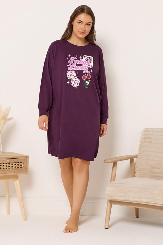 YOURS Plus Size Burgundy Red 'Feeling lucky' Long Sleeve Nightdress | Yours Clothing 1