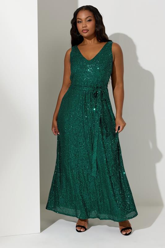 YOURS LONDON Plus Size Green Sequin V-Neck Maxi Dress | Yours Clothing 1