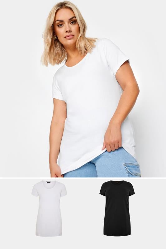 YOURS Plus Size 2 PACK Black & White Longline T-Shirts | Yours Clothing  1