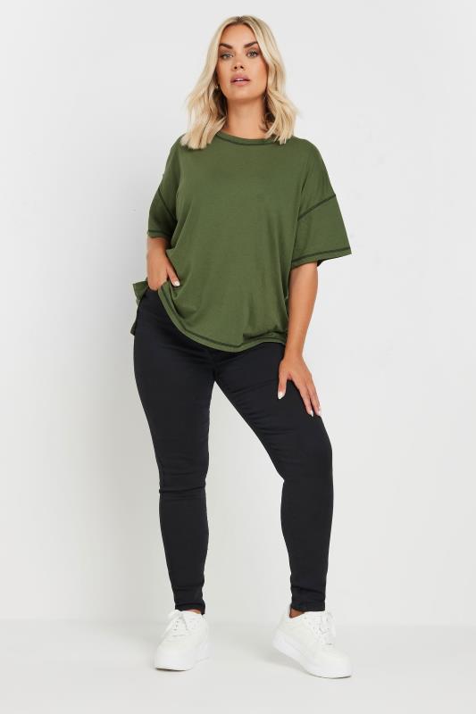 YOURS Plus Size Khaki Green Contrast Stitch T-Shirt | Yours Clothing 2