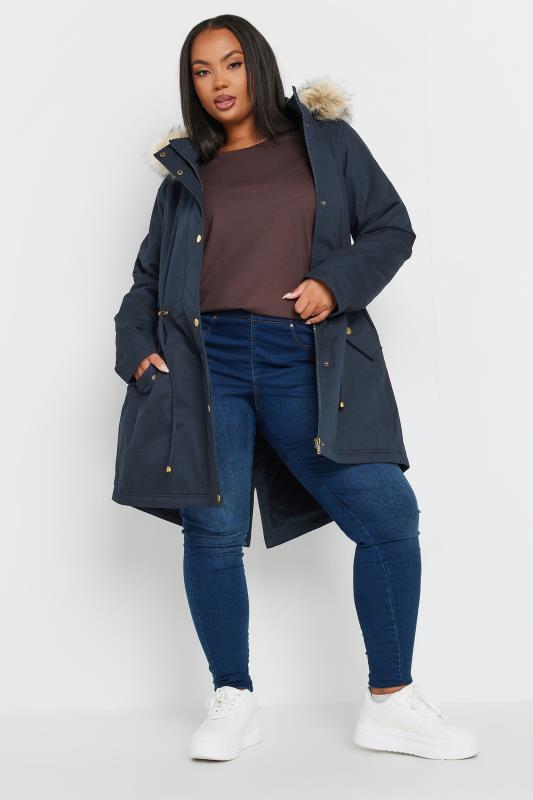 YOURS Plus Size Navy Blue Faux Fur Trim Parka Coat | Yours Clothing 3