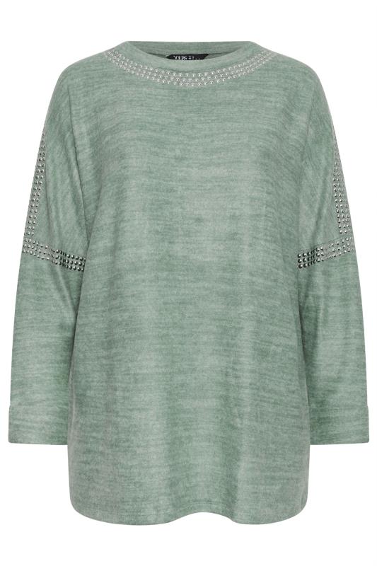 YOURS Curve Sage Green Marl Stud Neckline Embellished Jumper | Yours Clothing  5