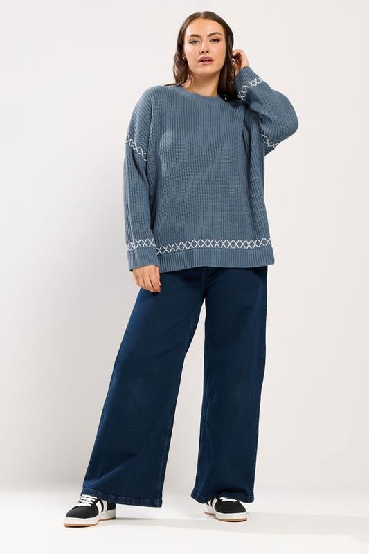 YOURS Plus Size Blue Blanket Stitch Jumper | Yours Clothing 2