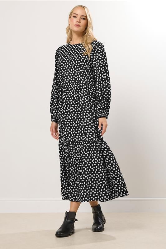  LTS Tall Black Polka Dot Print Tiered Smock Dress
