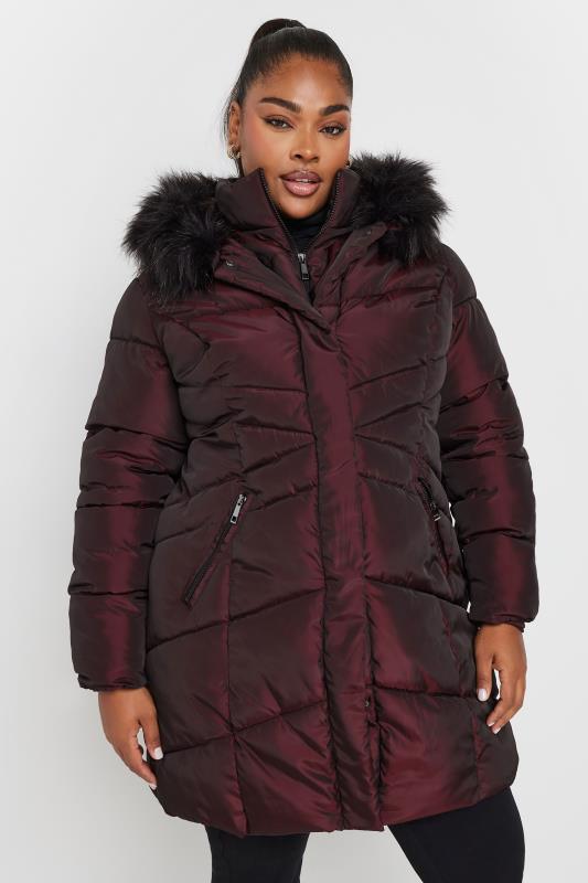 YOURS Plus Size Red Faux Fur Trim Puffer Coat | Yours Clothing 4