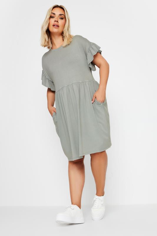 YOURS Plus Size Grey Acid Wash Frill Sleeve Mini Dress | Yours Clothing 2