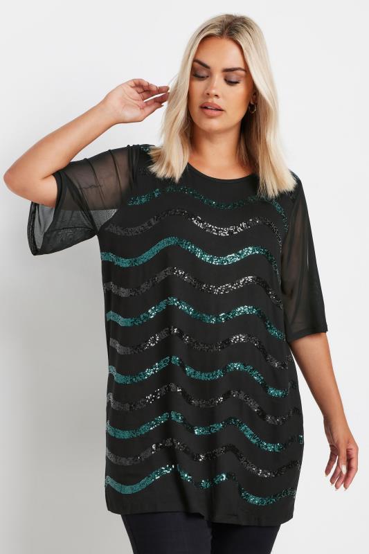 YOURS Plus Size Black & Blue Sequin Embellished Mesh Sleeve Top | Yours Clothing 1