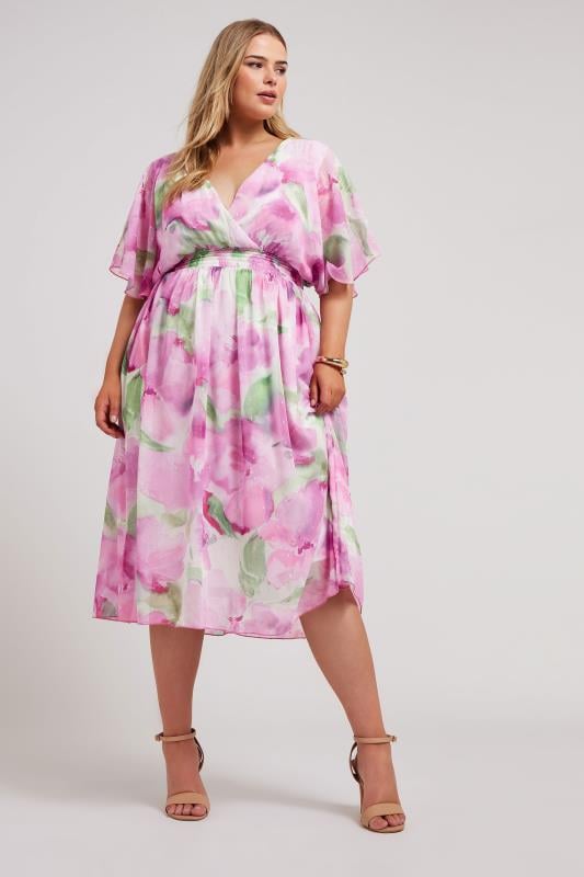 YOURS LONDON Plus Size Pink Floral Print Wrap Midi Dress | Yours Clothing 1