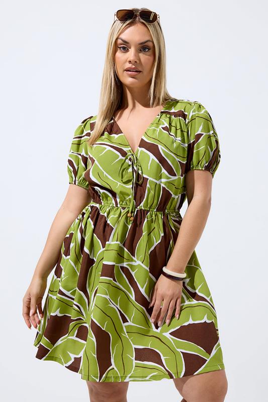LIMITED COLLECTION Plus Size Green Palm Leaf Mini Dress | Yours Clothing 1