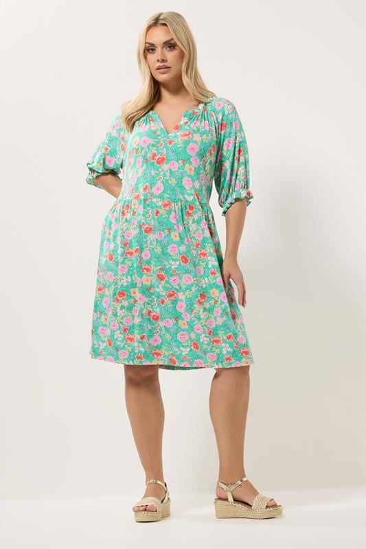 YOURS Plus Size Green Floral Notch Neck Dress | Yours Clothing 1