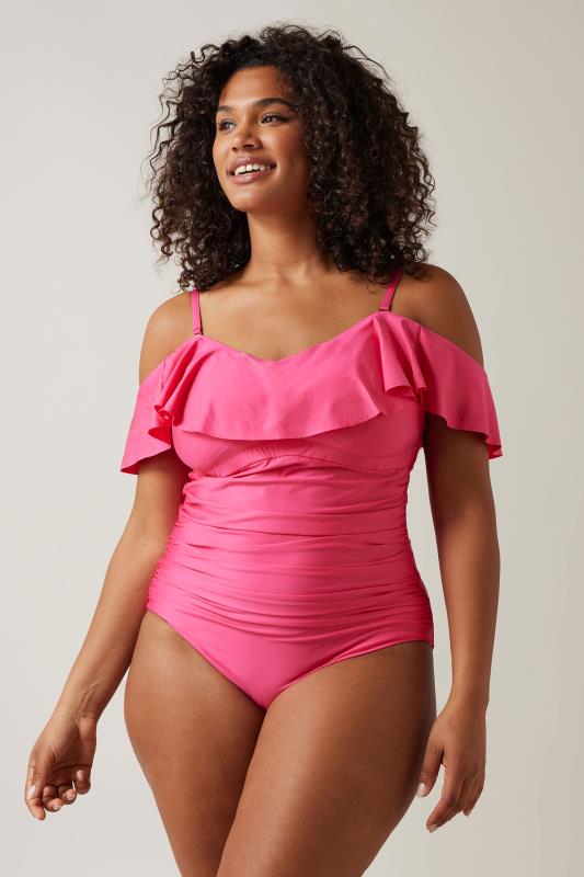 Plus Size  Evans Pink Frill Bardot Swimsuit