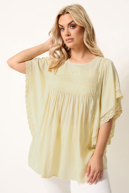  YOURS Curve Yellow Crochet Drape Sleeve Blouse