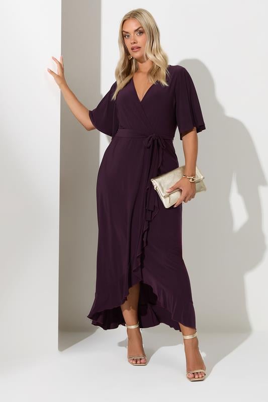 YOURS LONDON Plus Size Purple Short Sleeve Ruffle Wrap Maxi Dress | Yours Clothing  2