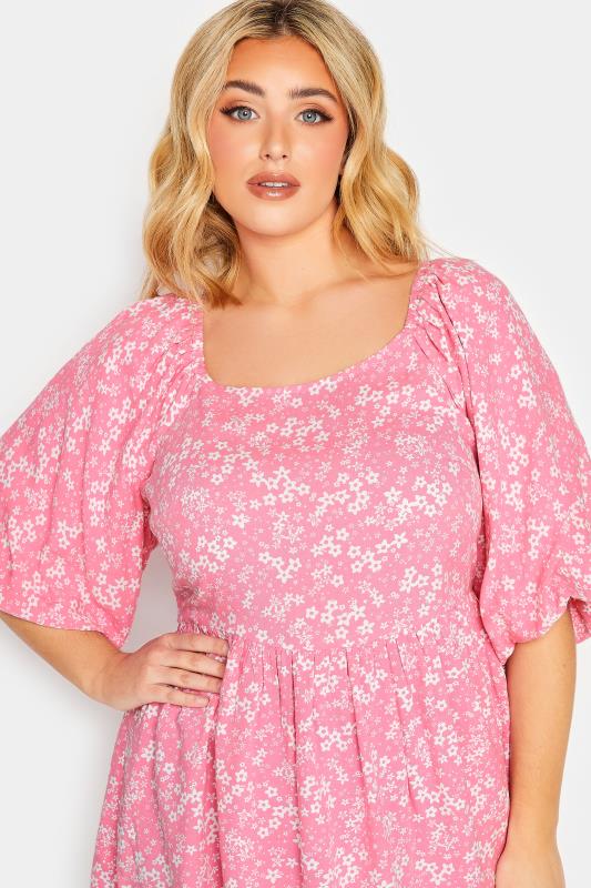 YOURS Plus Size Pink Ditsy Print Balloon Sleeve Top | Yours Clothing 4