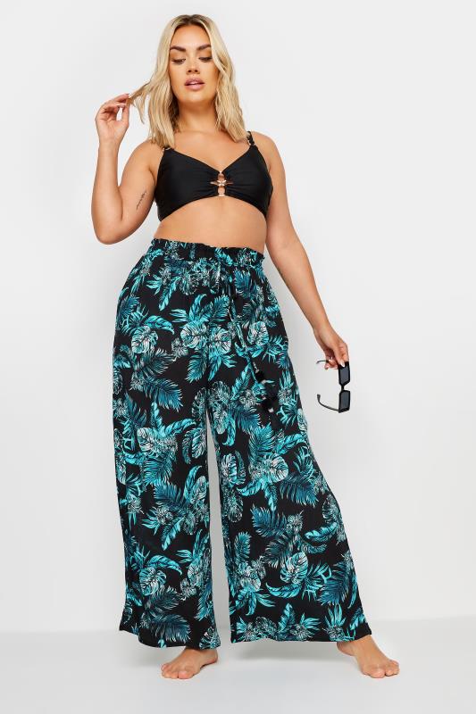 YOURS Plus Size Black Tropical Print Crinkle Tassel Trousers | Yours Clothing 3