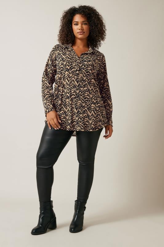 EVANS Plus Size Natural Brown Abstract Print Half Placket Shirt | Evans  2