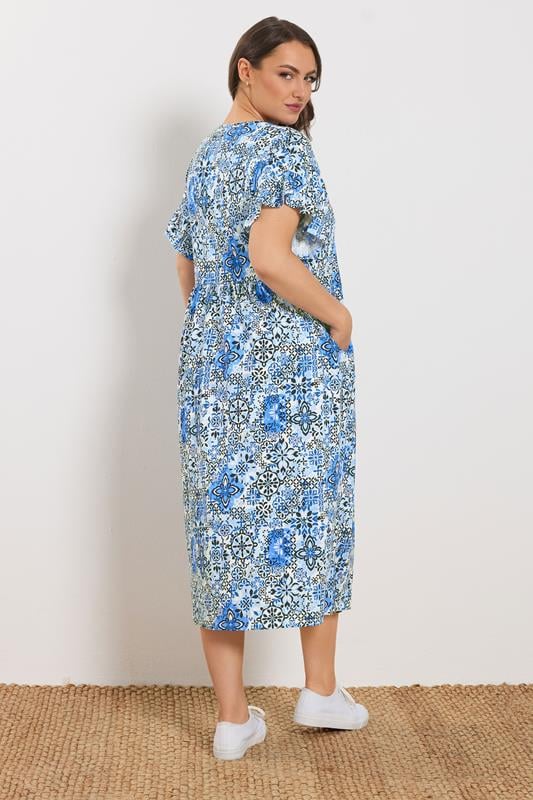 YOURS Plus Size Blue Abstract Mosaic Print Midi Dress | Yours Clothing 2